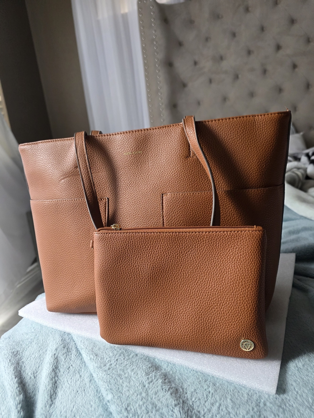 Anne Klein Caramel Pebble Leather Tote Bag with Matching Zip Pouch Set - Picture 2 of 16